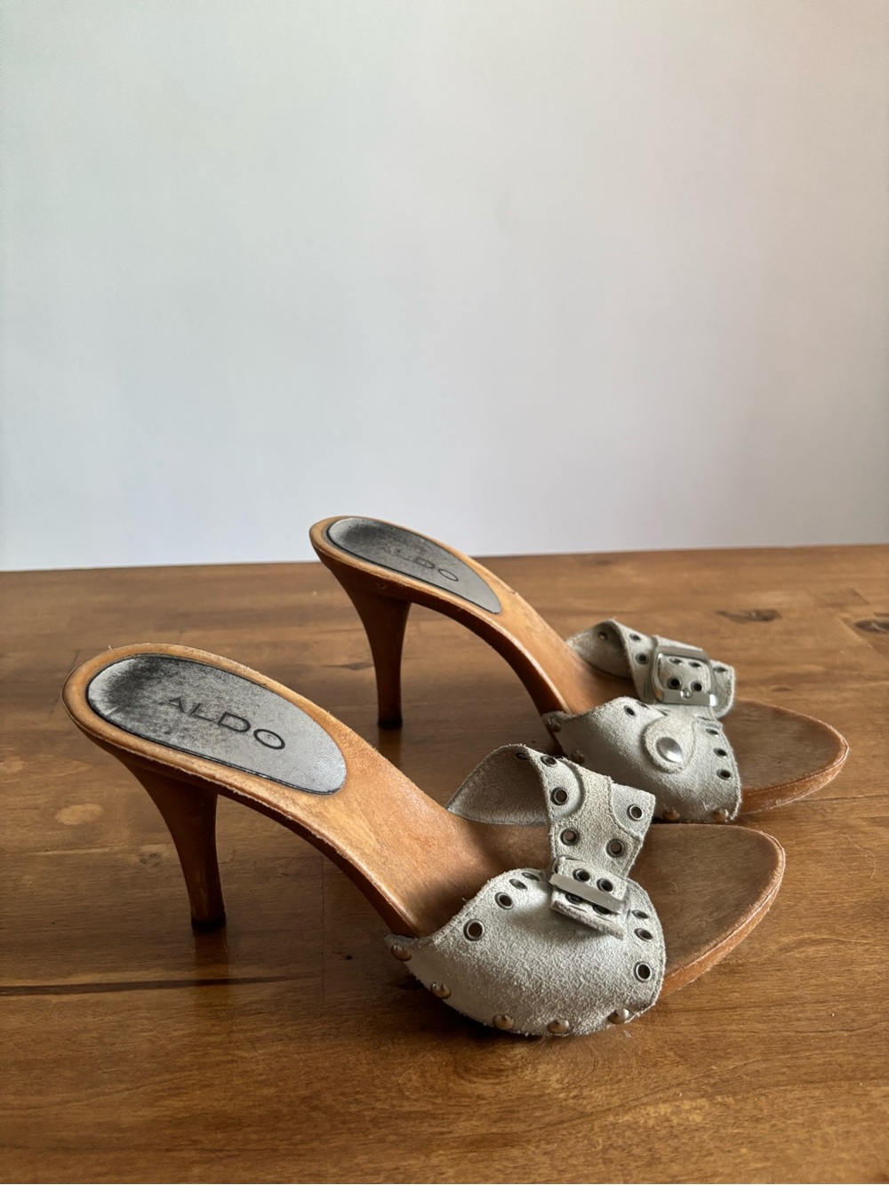 Aldo Metallic Silver Studded Suede Slide Heels
